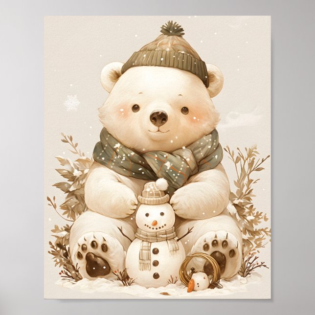 Teddy Polar Bear & Snowman Nursery Wall Art Poster (Frente)