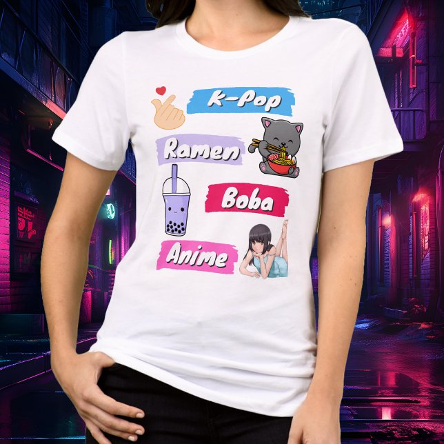 Tee do Pop de K-Pop, Ramen, Boba e Anime (Anime, Boba, Ramen, K-Pop colorful fan graphic tee!)
