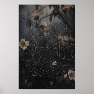 Teia de aranha com orvalho em impressão de florest