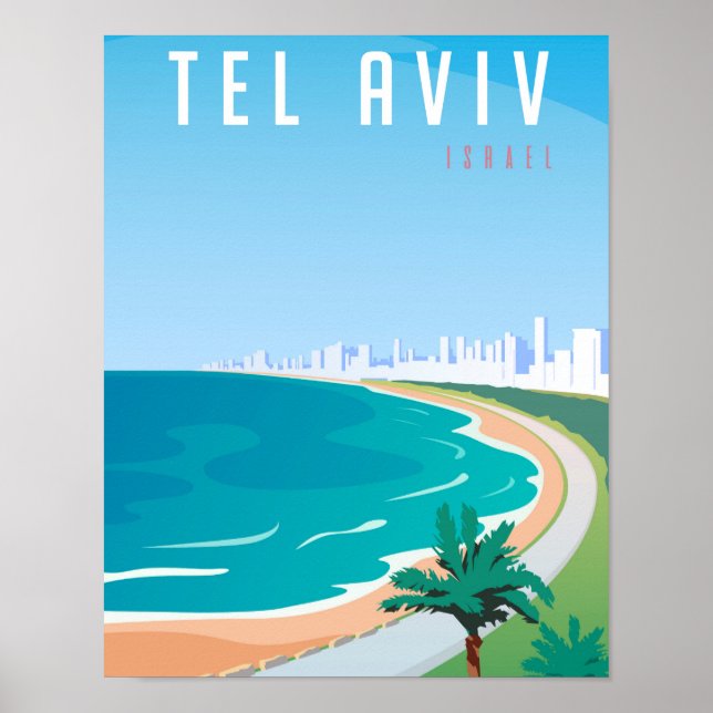 *~* Tel Aviv Israel Poster Blue Cityscape Palm (Frente)