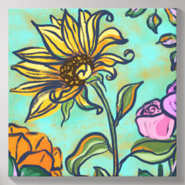 Tela de Arte de Girassol & Rosas Teal