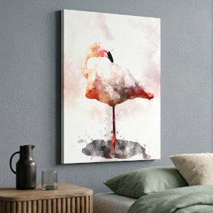 Tela Flamingo Rosa em Pé em Impressão de Arte em Aquare