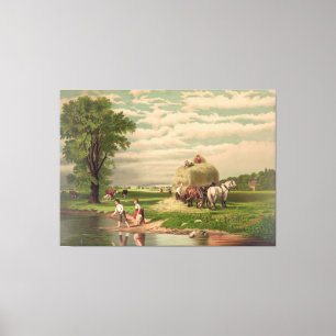 Tela Ives "Colheita de Feno Americana" Impressão em Tel