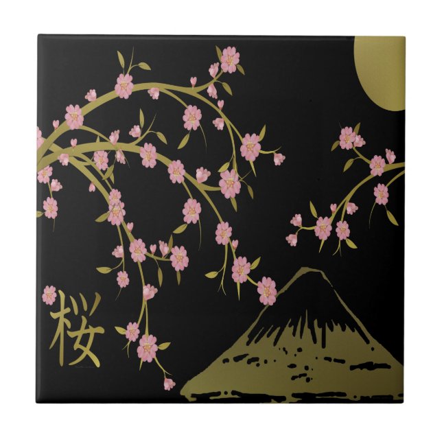 Tela Japonesa Rosa Sakura Dourado Preto (Frente)