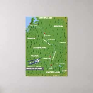 Tela Mapa de viagem retro do rio Reno. Impressão em tel
