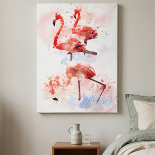 Tela Três Flamingos Rosa em Impressão de Arte em Aquare