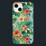 Telefone floral tropical<br><div class="desc">Este design inclui folhas de palmeira verde exuberantes e flores de hibisco ousadas e coloridas em tons de vermelho,  laranja,  amarelo e rosa,  colocadas contra um fundo turquesa refrescante.</div>
