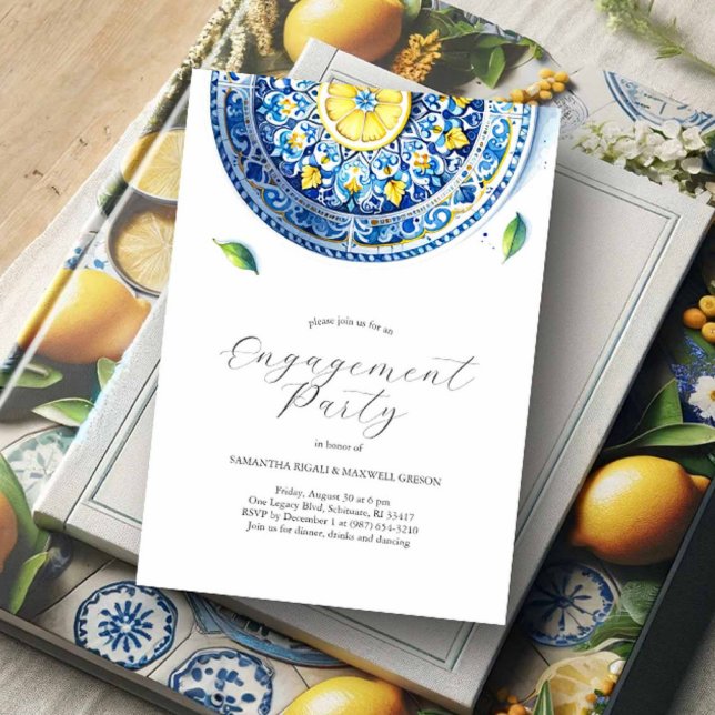 Tema Alafresco Elegante de Convites ao noivado (Engagement party invitations yellow and blue lemon Italian theme by Victoria Grigaliunas)