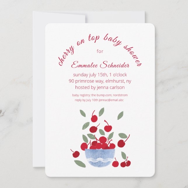 Tema Cherry Convite para Chá de fraldas Watercolor (Frente)