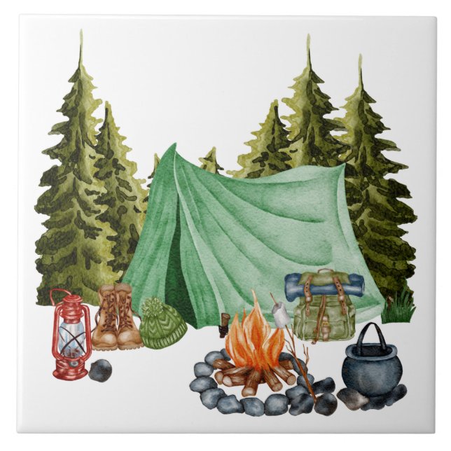 Tema de acampamento bonito, Campfire, Tent, Forest (Frente)