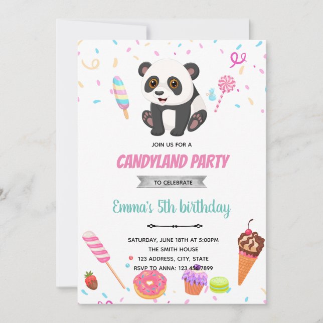 Tema de aniversário de Panda e doces Convite (Frente)