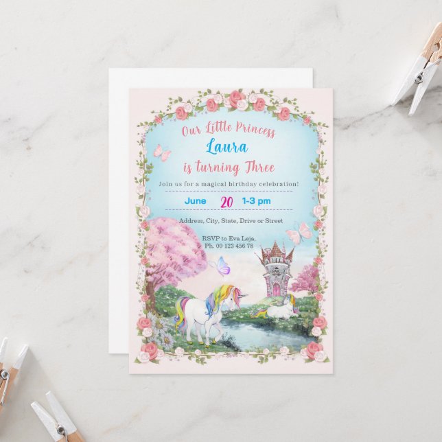 Tema de convite de pequena princesa. Festa infanti (Frente/Verso In Situ)
