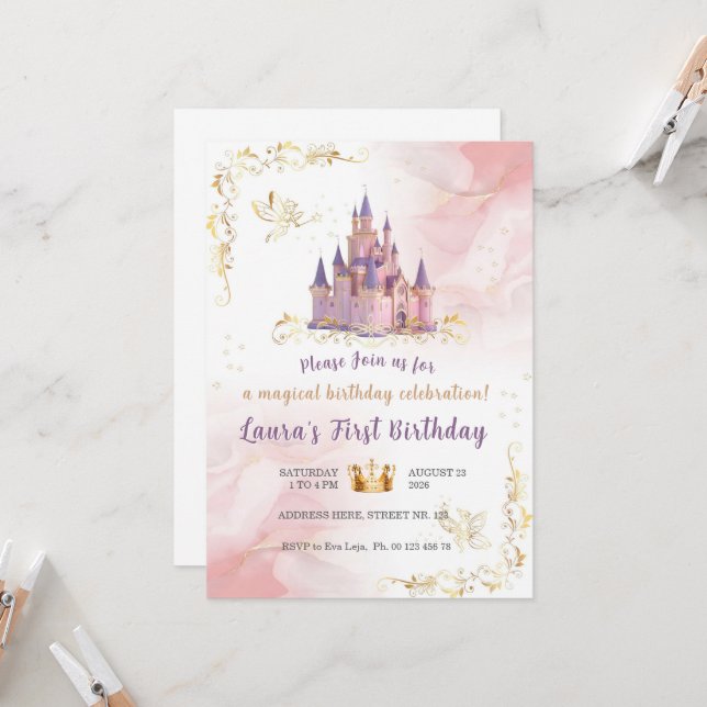 Tema de convite de pequena princesa. Festa infanti (Frente/Verso In Situ)
