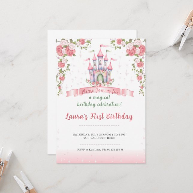 Tema de convite de pequena princesa. Festa infanti (Frente/Verso In Situ)