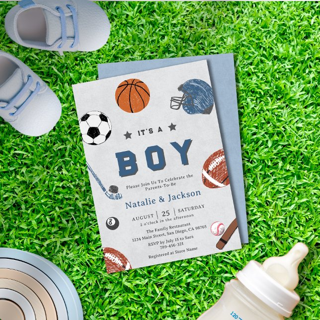 Tema de esporte animado Convite para Chá Baby Boy (Cheerful Sport Theme Baby Boy Shower Invitation)