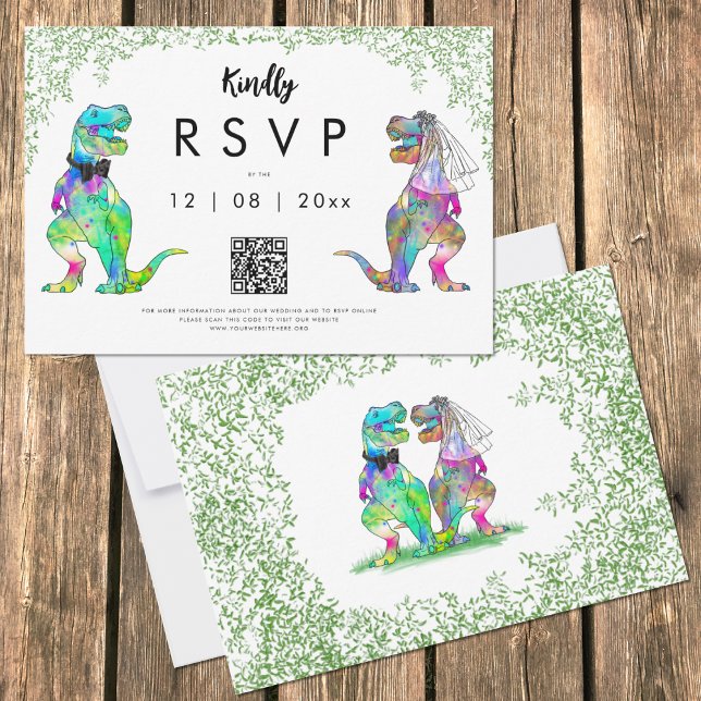 Tema Dinossauro Casamento Código QR Resposta (Funny Dinosaur Wedding rsvp with T-Rex bride and groom and jungle foliage)