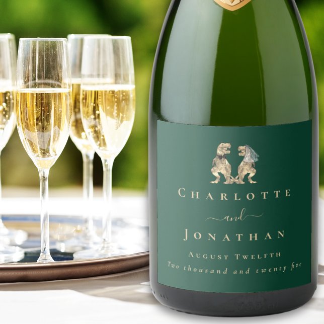 Tema Dinossauro Casamento Verde Escuro (Dinosaur themed wedding T-Rex bride and groom dino dark green custom sparkling wine bottle label)