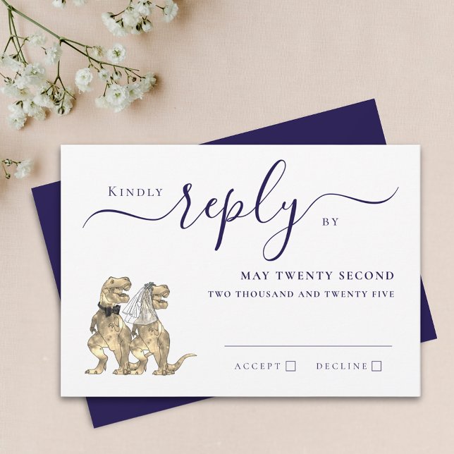 Tema Dinossauro Resposta Marinho Azul Branco (Dinosaur theme wedding navy blue & white RSVP invitation Card T-Rex dino bride & groom elegant )