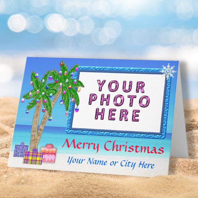Tema tropical "Adicionar Cartões de Natal FOTOGRAF (Beach themed Christmas Cards, with Your Photo. Beach Christmas Cards. Palm Trees, Presents. )