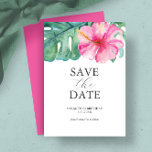 Tema tropical dos Cartões salve a data de aniversá<br><div class="desc">Estes cartões salve a data de aniversário apresentam uma vara superior de elegantes flores tropicais de aquarela e folhas de palma monstera. As palavras "Salvar a Data" são digitadas em cinzas de carvão sobre um fundo branco nítido. Use os campos modelo para adicionar detalhes personalizados. A placa se reverte para...</div>