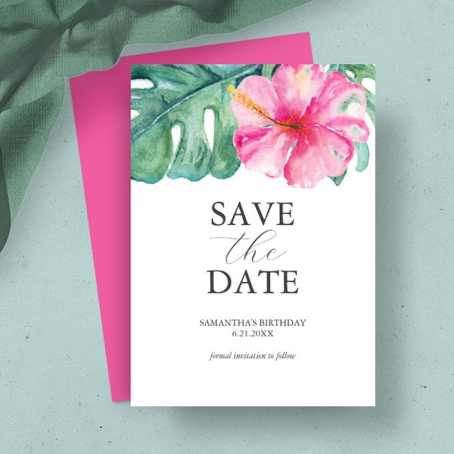 Tema tropical dos Cartões salve a data de aniversá (Beautiful wedding announcements tropical watercolor art by Victoria Grigaliunas of Do Tell A Belle)