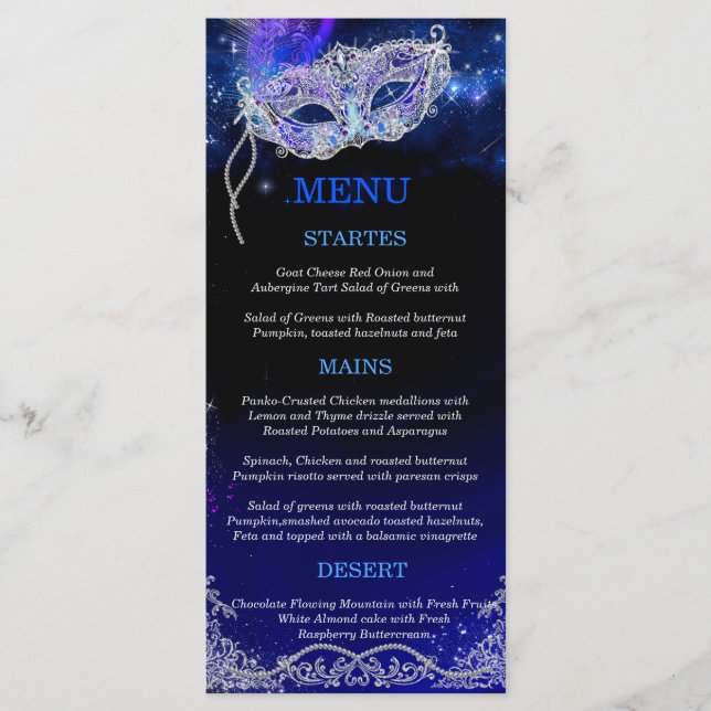 Temas editáveis para cartão de menu de festa de má (Frente)