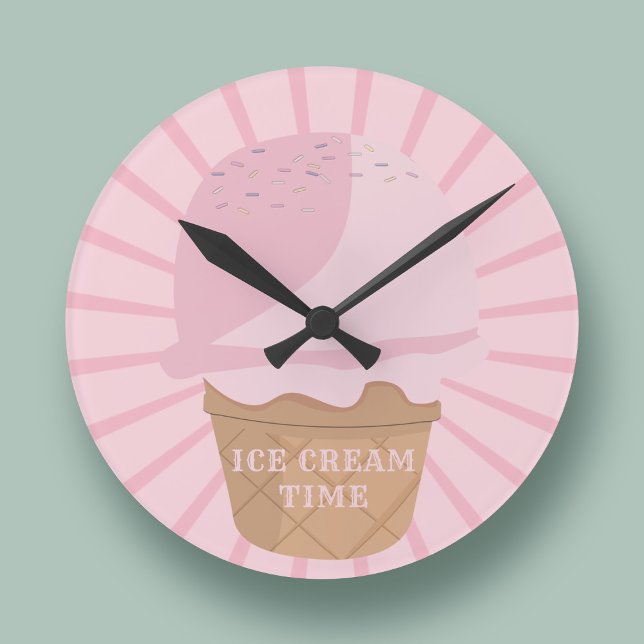 Tempo para o relógio de parede da cozinha rosa-Sor (It's always time for ice cream! A cute pink clock with text you can customize)
