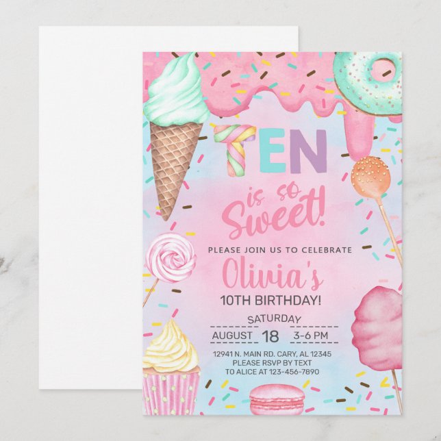 Ten é tão Doce convite de aniversário de menina de (Frente/Verso)