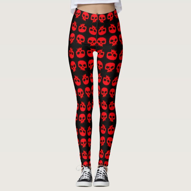 Tendy Red Grunge Skulls Em Leggings Pretas (Frente)