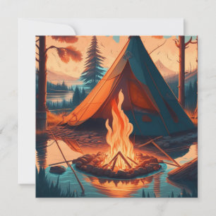 Tent and Campfire Vintage Colors Art