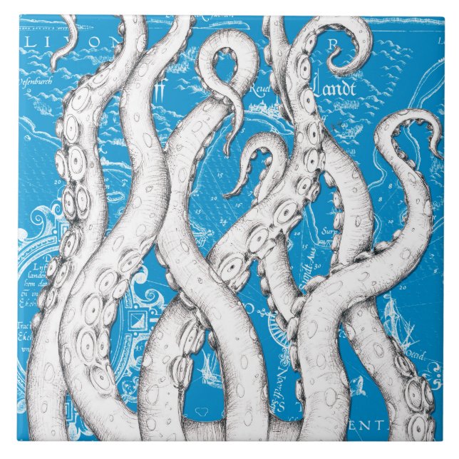 Tentáculos Brancos Octopus Vintage Map Azul Náutic (Frente)