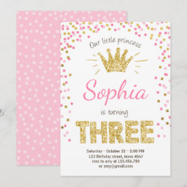 Terceiro aniversário convite Princesa Dourada Rosa