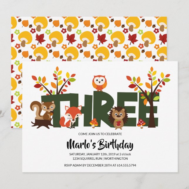 Terceiro Convite de aniversário de Woodland Animal (Frente/Verso)