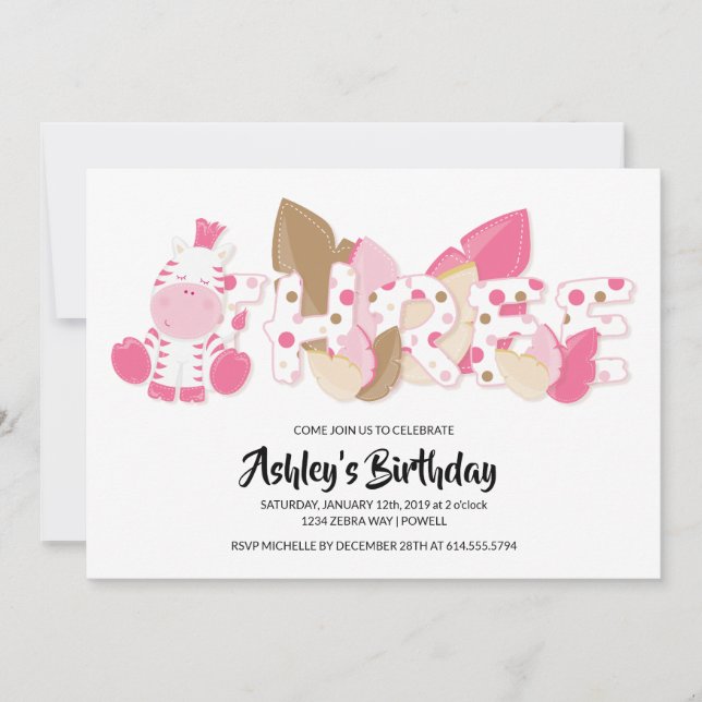 Terceiro Convite de aniversário de Zebra Rosa (Frente)