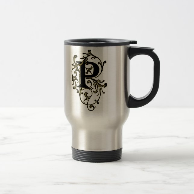 Térmica Caneca com a Letra 'P' Envolta em Vinhas Douradas (Direita)