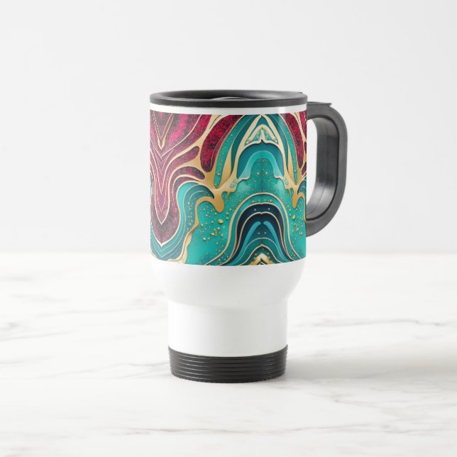 Térmica Caneca de Café com Arte Fluida em Ondas Douradas (Frente Esquerda)