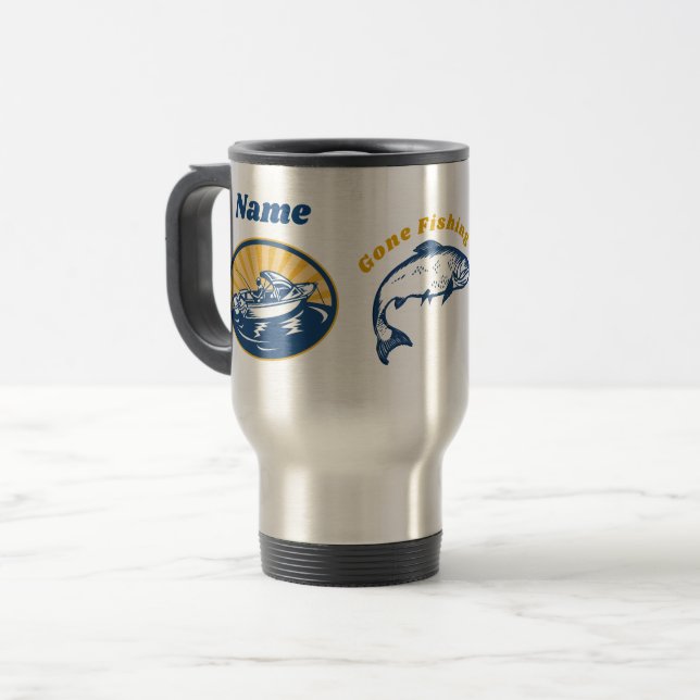Térmica Caneca de Café de Viagem Personalizada 'Fui Pescar (Frente Esquerda)