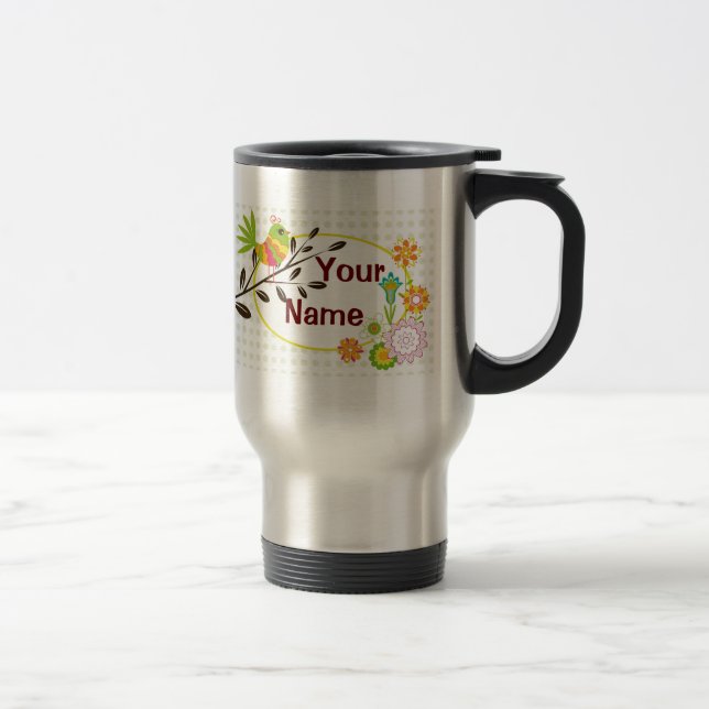 Térmica Pássaro retro e flores sua caneca conhecida (Direita)