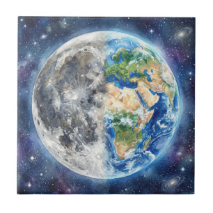 Terra & Lua Aquarela Galáxia Design Celestial