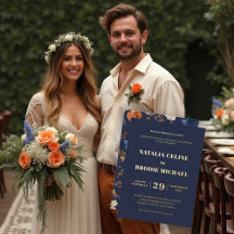 Terracota Azul Floral Casamento Dourado