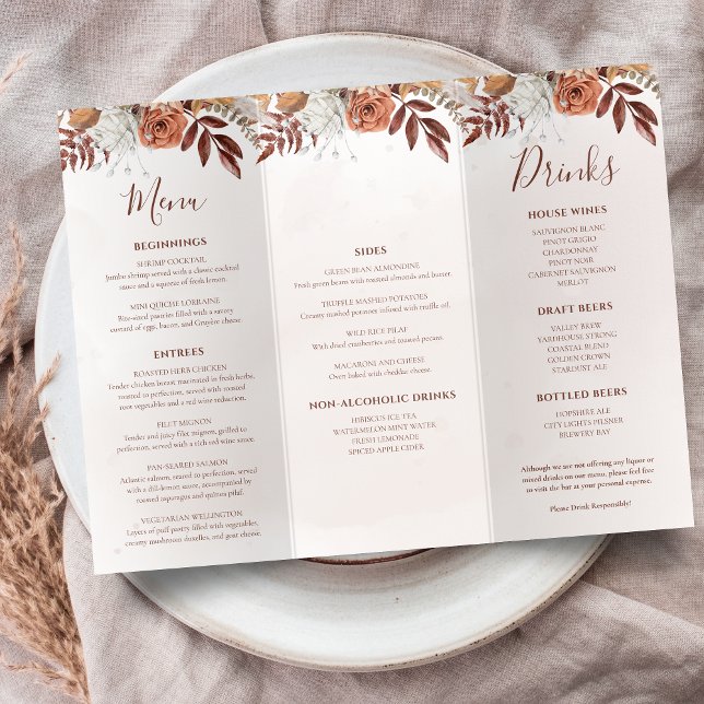 Terracota Flores Casamento Boho Outono Menu Trifol (Criador carregado)