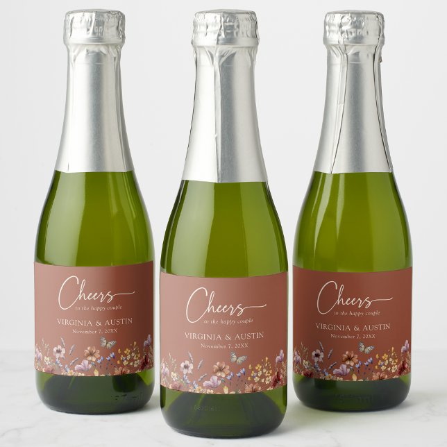 Terracota Flores Silvestres Brindes Casamento (Terracotta Wildflowers Cheers Wedding Sparkling Wine Label by Painted Paperie
)