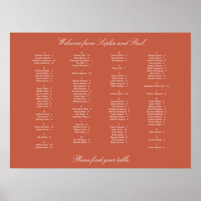 Terracotta Alphabetical Seating Chart Poster (Frente)