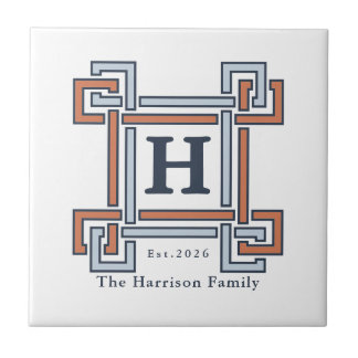 Terracotta Blue Greek Key Monogram Family Crest