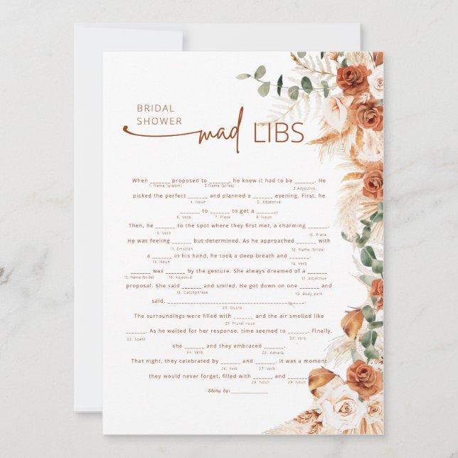 Terracotta Boho Floral Mad Lib Bridal Shower Game  (Frente)