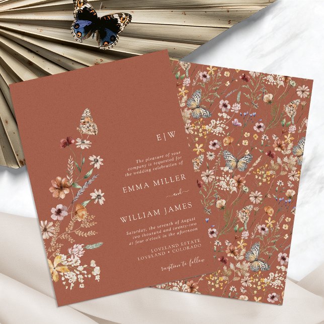 Terracotta Boho Monograma Convite para Casamento (Terracotta Boho Wildflower Monogram Wedding Invitation Butterfly by Painted Paperie
)