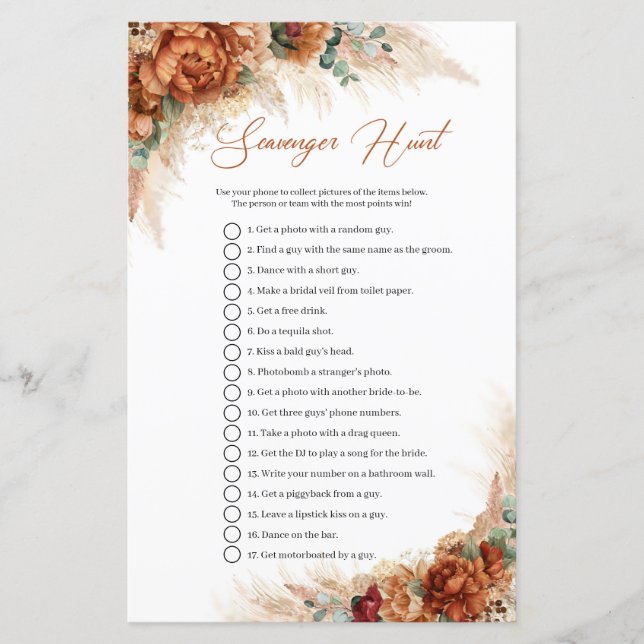 Terracotta buegundy greenery pampas Scavenger Hunt (Frente)