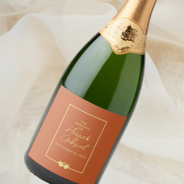 Terracotta de Casamento e Rótulo de Vinho Espumant (Wedding Terracotta and Gold Sparkling Wine Label)