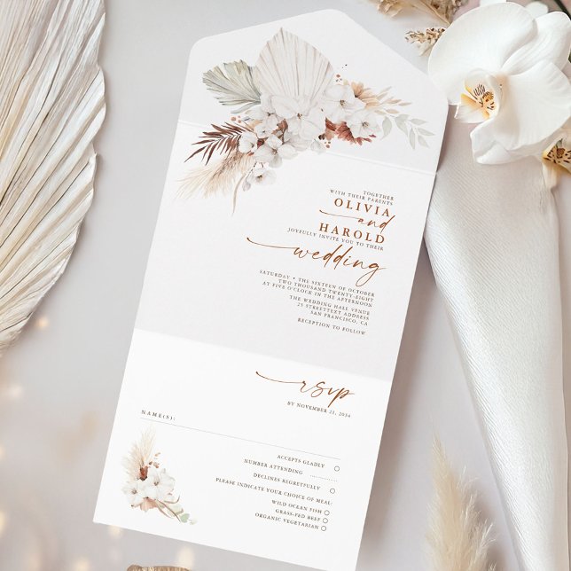 Terracotta e Flores Brancas Casamento Exótico de B (Boho Folded Wedding Invitation)