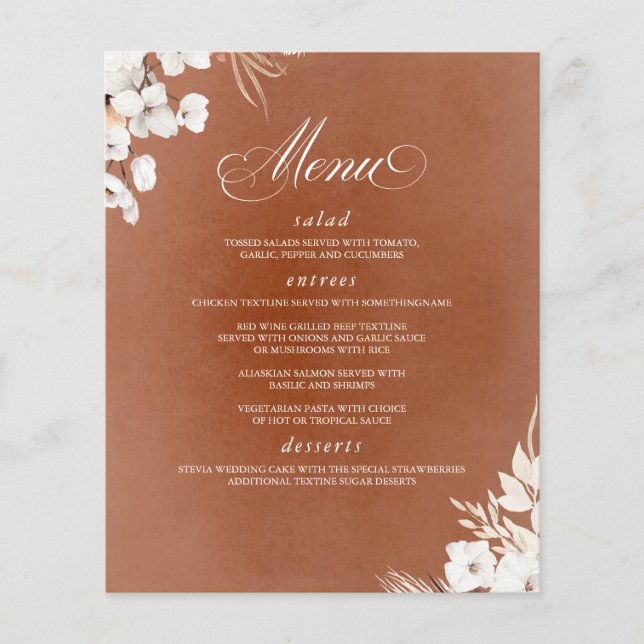 Terracotta e Flores Brancas Menu Boho Wedding (Frente)